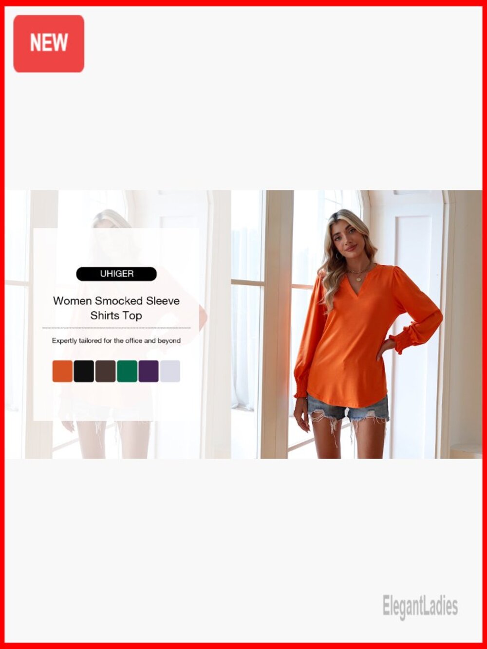 Women's V-Neck Long Sleeve Tunic Blouse Dressy Casual Tops with Smocked Cuffs - Picture 7 of 7